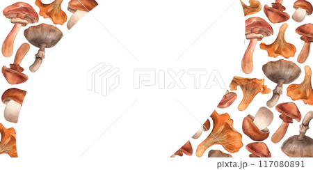 Mushrooms, champignon, chanterelles, brown, yellow, orange, postcard, invitation, template. Handmade watercolor illustration on a white background. For the autumn design of textiles, menus, marketing. 117080891