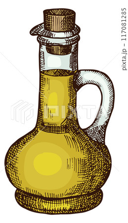 Fresh oil bottle. Hand drawn olive food product 117081285