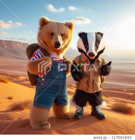 Little bear and badger friends travel in the desert 117081693