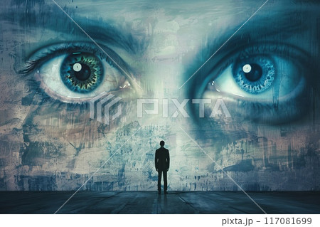 figure of a man standing near two huge eyes figure of a man standing near two huge eyes 117081699