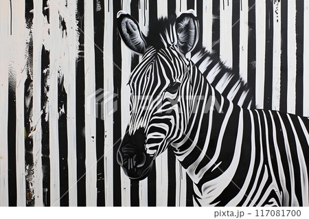 zebra on a background of a black and white striped wall 117081700