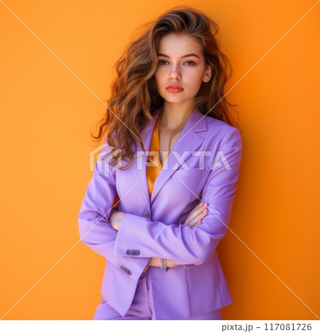 Business woman in a purple suit on a orange wall background Business woman in a purple suit on a orange wall background 117081726