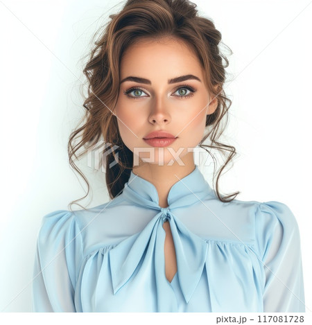 Beautiful business woman with makeup in a blue blouse on a white background Beautiful business woman with makeup in a blue blouse on a white background 117081728