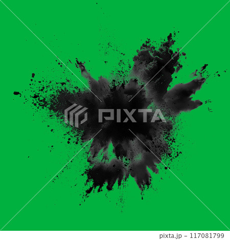 Dynamic explosion of black powder against green screen chromakey background 117081799