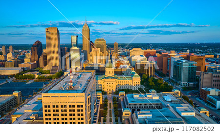 Aerial Sunset Glow on Indianapolis Skyline and Courthouse 117082502