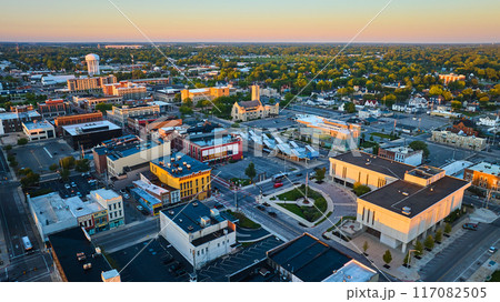 Delaware County Court Administration courthouse building aerial of Muncie city at dawn 117082505