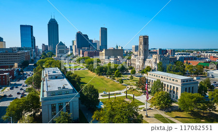Aerial View of Indianapolis Skyline with Historic Cathedral and Park Aerial View of Indianapolis Skyline with Historic Cathedral and Park 117082551