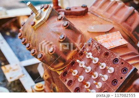 Rusty Industrial Machinery Detail, Corrosion and Maintenance, Eye-Level View 117082555