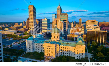 Aerial Golden Hour View of Indianapolis Skyline and Courthouse Aerial Golden Hour View of Indianapolis Skyline and Courthouse 117082676