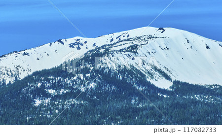 Aerial View of Snow-Capped Mount Bailey and Evergreen Forests 117082733