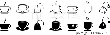 温かい飲み物の線画とシルエットのアイコンセット 117082753