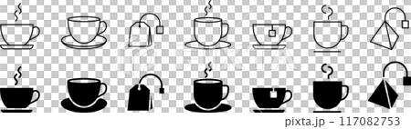 温かい飲み物の線画とシルエットのアイコンセット 117082753