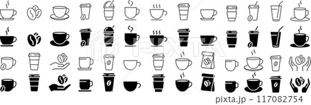 コーヒーと紅茶に関する線画とシルエットのアイコンセット 117082754