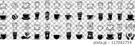 コーヒーと紅茶に関する線画とシルエットのアイコンセット 117082754