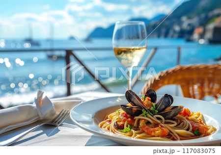 Seafood pasta and wine by the sea Seafood pasta and wine by the sea 117083075