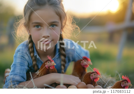 Young girl with chickens and eggs Young girl with chickens and eggs 117083112