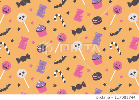 ポップなハロウィンのキャンディーやお菓子のシームレスパターン ポップなハロウィンのキャンディーやお菓子のシームレスパターン 117083744