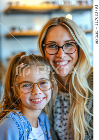 A woman and a young girl are smiling for the camera 117083793