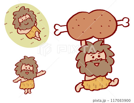 大きな肉を食べたりするカワイイ原始人のキャラ素材 117083900
