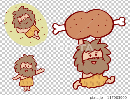 Cute primitive man character material eating a large piece of meat 117083900