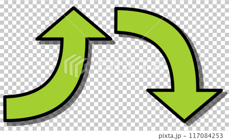 Curved arrow yellow-green set (with line drawing and shadow) 117084253