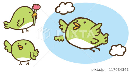 緑色で丸くてかわいいうぐいすのような鳥のキャラ素材 117084341