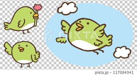 緑色で丸くてかわいいうぐいすのような鳥のキャラ素材 117084341