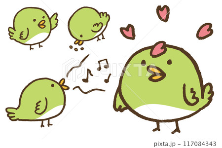 緑色で丸くてかわいいうぐいすのような鳥のキャラ素材 117084343