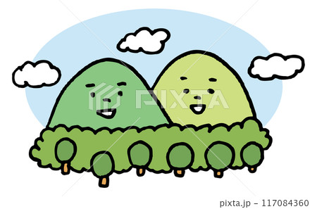 晴天の空の下寄り添うかわいい山のキャラ素材 117084360