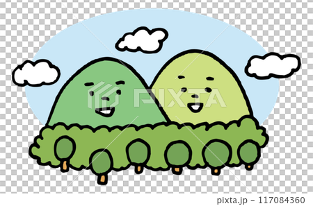 晴天の空の下寄り添うかわいい山のキャラ素材 117084360