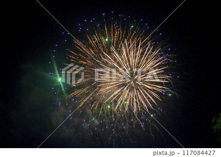 夜空に上がった打上花火のズーム画像 117084427