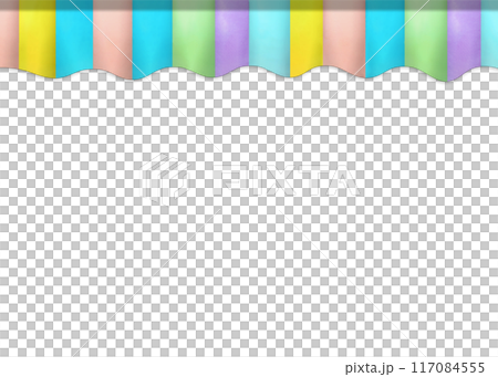 ヒダが垂れ下がったカラフルなオーニングの正面 117084555