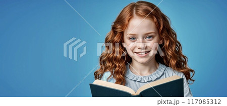 An isolated portrait of a cute little red-haired Caucasian 10-year-old girl, smiling, reading a book on a blue copy space background. design for banners, promotional materials, website. High quality 117085312