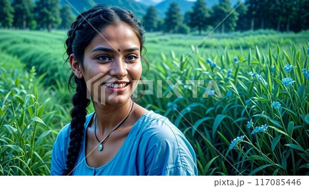 portrait of a young beautiful Indian girl smiling on a blurred background of a green field. High quality photo. AI-GENERATED  117085446