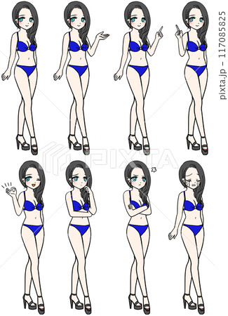 青い水着 8種類の表情の青い水着の女性のイラスト素材 117085825