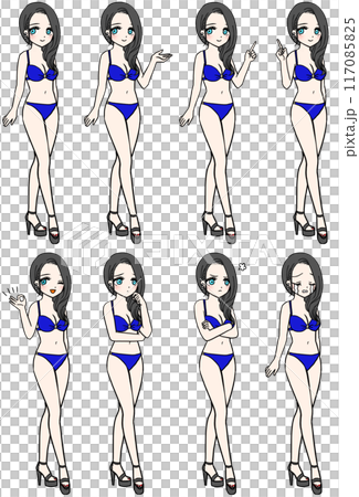 A woman in a blue swimsuit with eight different expressions 117085825