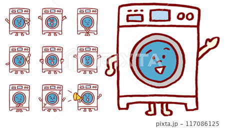 ゆるい線描かれたかわいいドラム式洗濯機 117086125
