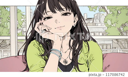 楽：リラックスした顔をしている若い女性