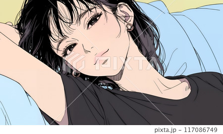楽：リラックスした顔をしている若い女性