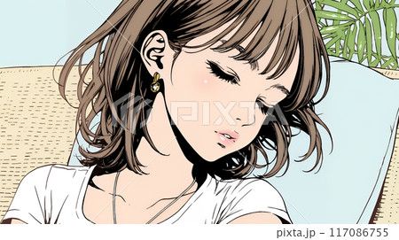 楽：リラックスした顔をしている若い女性