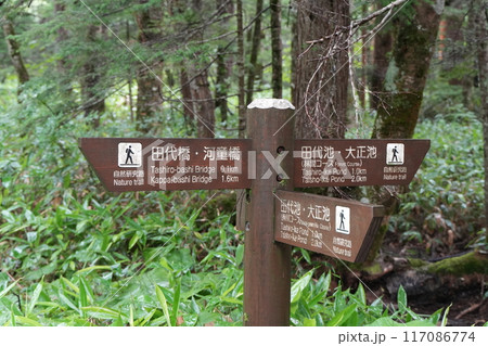 上高地の山のハイキング道にある道標 117086774
