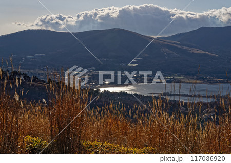 晩秋の大平山稜線から見る山中湖と明神山 117086920