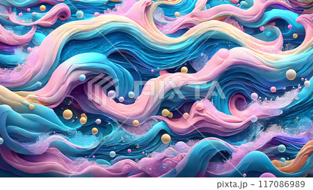 Dreamy, colorful waves with floating bubbles background shadow 3d wallpaper 117086989