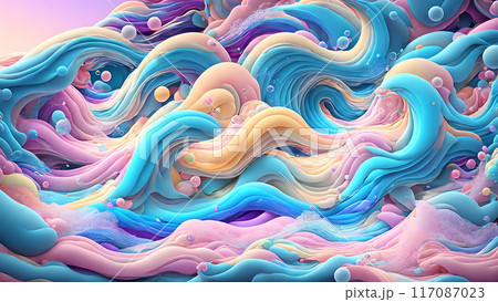 Dreamy, colorful waves with floating bubbles background shadow 3d wallpaper 117087023