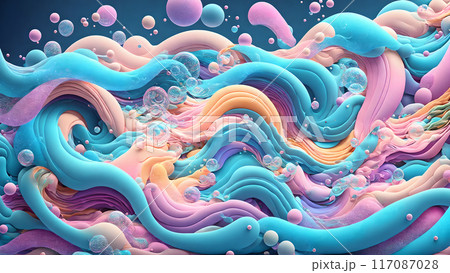 Dreamy, colorful waves with floating bubbles background shadow 3d wallpaper Dreamy, colorful waves with floating bubbles background shadow 3d wallpaper 117087028