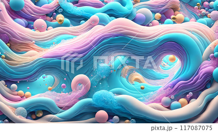 Dreamy, colorful waves with floating bubbles background shadow 3d wallpaper Dreamy, colorful waves with floating bubbles background shadow 3d wallpaper 117087075