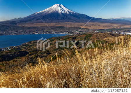 晩秋の大平山から見る山中湖と富士山 晩秋の大平山から見る山中湖と富士山 117087121