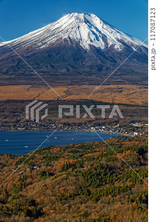 晩秋の大平山から見る山中湖と富士山 117087123