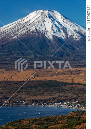 晩秋の大平山から見る山中湖と富士山 117087124