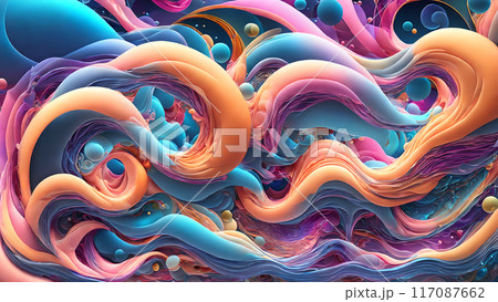 Harmonious flow of colorful waves and bubbles background shadow 3d wallpaper 117087662